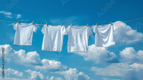 White t-shirt hanging on clothesline against blue sky with clouds