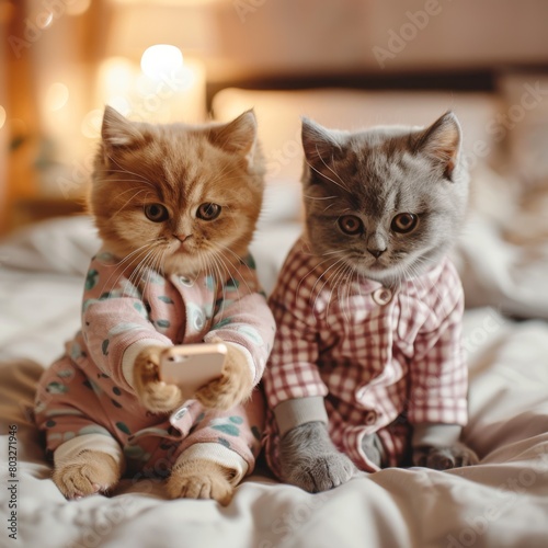 Two cute shorthair kittens wearing pajamas and holding phones in their hands  sitting on the bed watching TV  