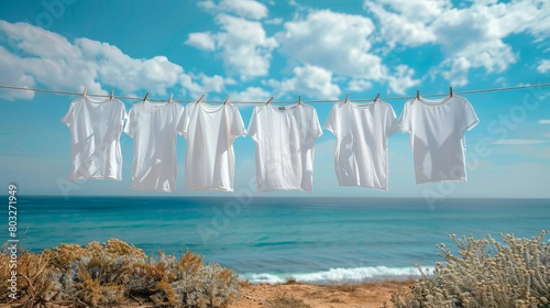 Fototapeta Naklejka Na Ścianę i Meble -  White t-shirt hanging on clothesline against blue sky with clouds