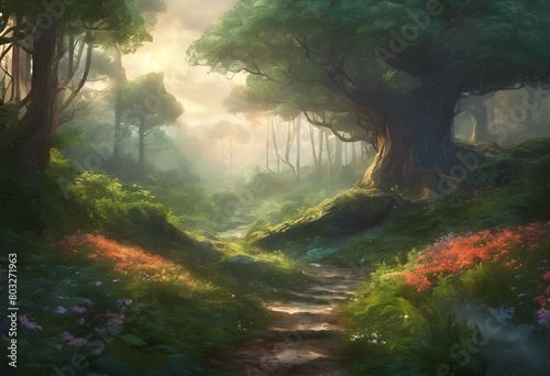 AI generated illustration of a lush forest with trees and flowers in the foreground