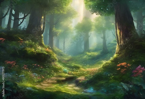 AI generated illustration of a vibrant forest scene with blooming trees and flowers