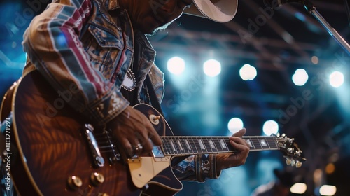 A man in a cowboy hat playing a guitar. Suitable for music or western themes