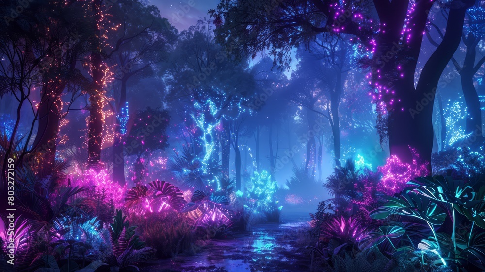 A forest with glowing trees and plants. Scene is dreamy and surreal. The idea behind the image is to create a fantastical, otherworldly environment that is both beautiful and mysterious A forest with glowing trees and plants. Scene is dreamy and surreal. The idea behind the image is to create a fantastical, otherworldly environment that is both beautiful and mysterious