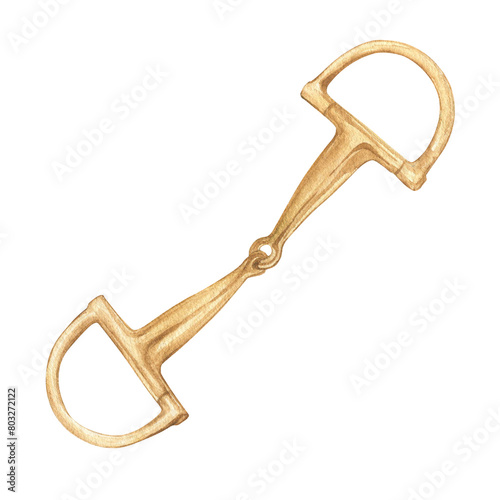 Watercolor illustration of golden snaffle D-Ring. Equipment for horse riding. Isolated. For cards, prints, decor