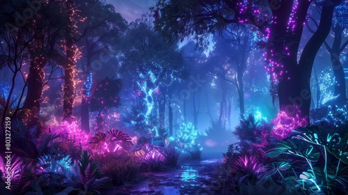A forest with glowing trees and plants. Scene is dreamy and surreal. The idea behind the image is to create a fantastical, otherworldly environment that is both beautiful and mysterious © Sasikharn