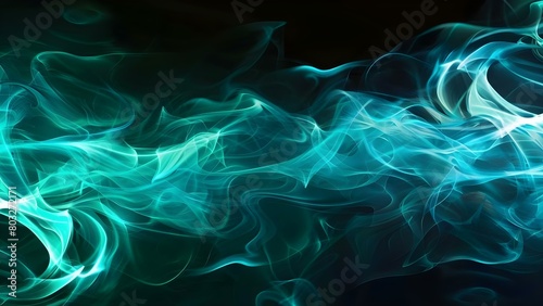 Glowing Waves and Smoke in Abstract Light Blue-Green on Black Background. Concept Abstract Photography, Glowing Waves, Smoke Art, Light Blue-Green, Black Background