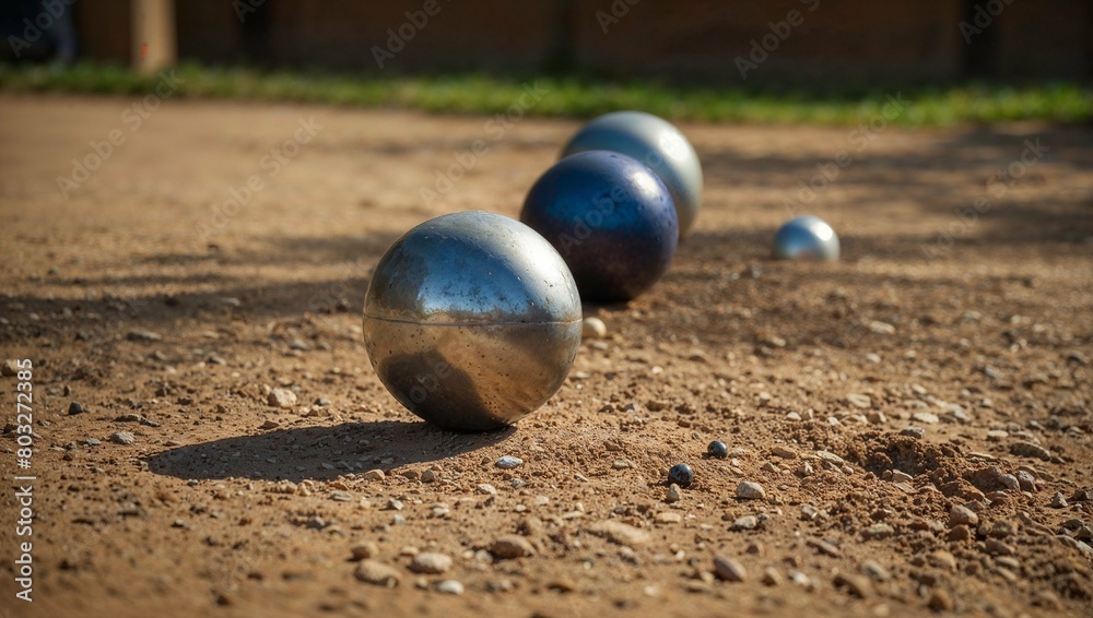 Three Petanque balls, lined up on the field in the middle of the game Three Petanque balls, lined up on the field in the middle of the game