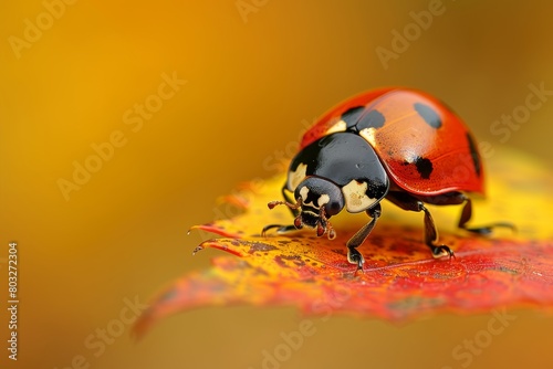 Beautiful ladybug perched gracefully on a vibrant green leaf in a stunning natural setting © Ilja