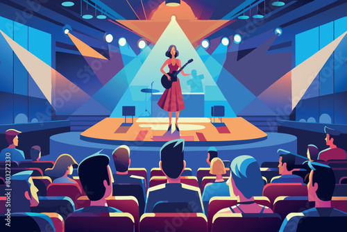 A woman sings on stage to an audience in a vibrant concert setting
