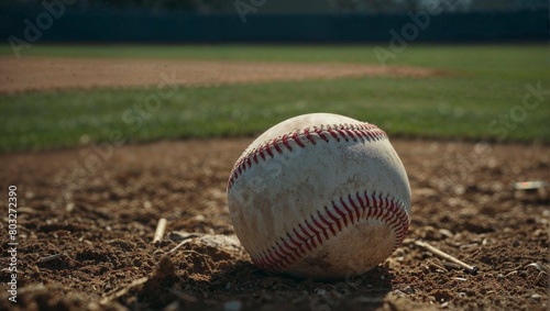 A baseball is on the base of a baseball field.
