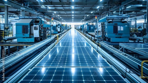 Manufacturing solar panels on factory floor with large machines and conveyor belts. Concept Solar Panel Production, Factory Machinery, Conveyor Belt Systems, Manufacturing Process