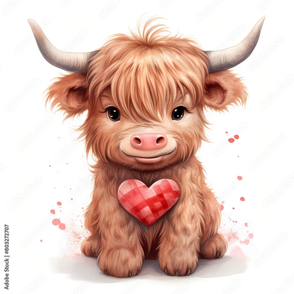 Baby highland cow. Cute baby cow clipart. Watercolor illustration. Generative AI. Detailed illustration.