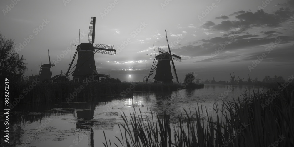 A picturesque scene of windmills next to a serene body of water. Ideal for travel brochures or environmental conservation campaigns