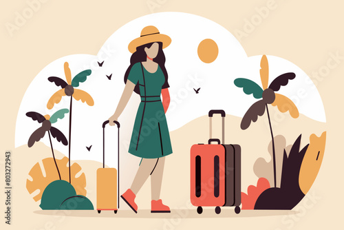 A stylized traveler with suitcases at a sun-kissed, palm-fringed locale