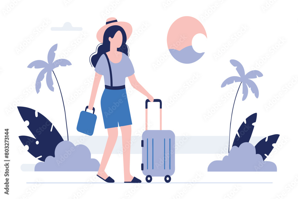 Woman in summer attire pulling suitcase, with tropical foliage and setting sun