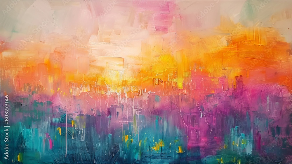 Vibrant abstract painting blending bright pink and blue hues