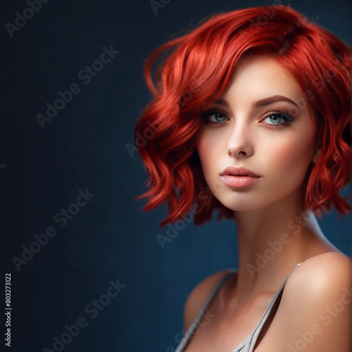 model with red bob hair and grangia, with beautiful blue eyes in a realistic style