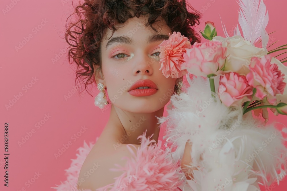 Elegant Woman with Flowers and Feather Boa on Pink Background Elegant Woman with Flowers and Feather Boa on Pink Background