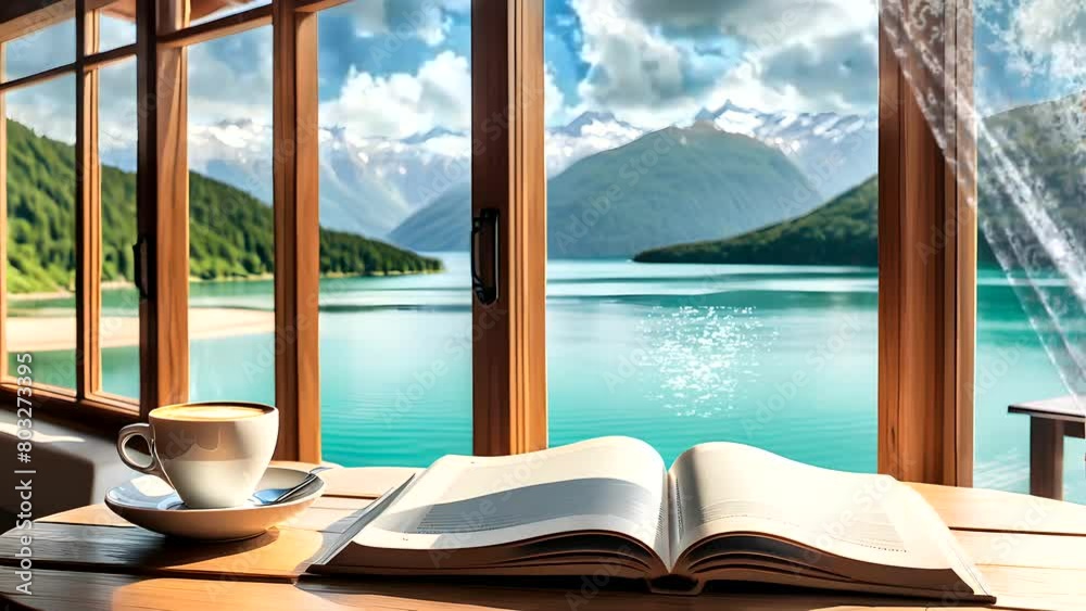 Hot coffee and book on table with lake view in the mountains from window