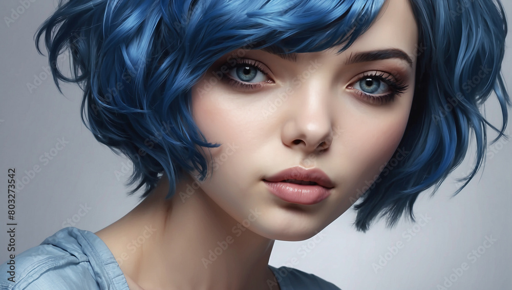 model with blue bob hair and grangia, with beautiful blue eyes in a realistic style