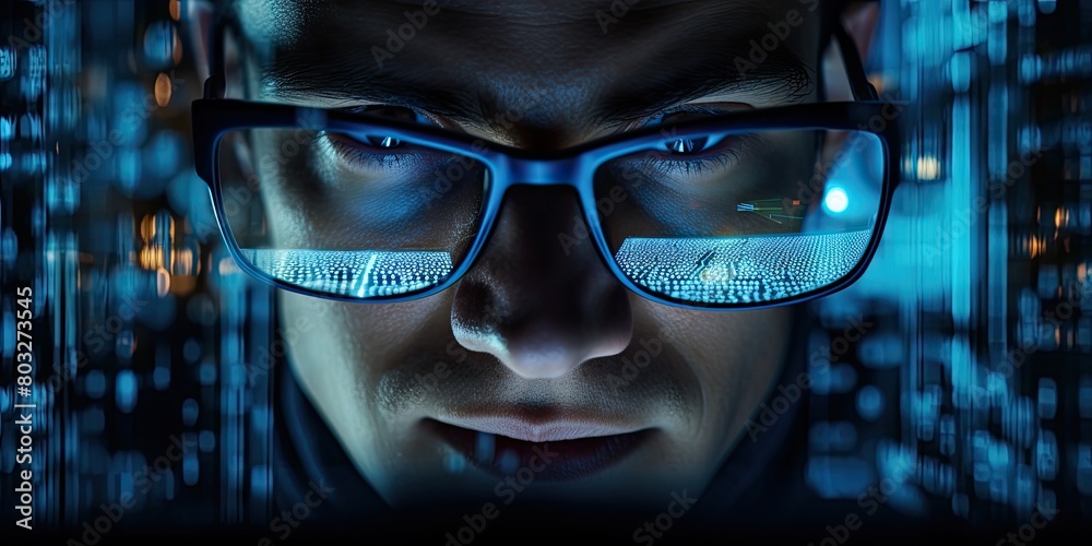 A man with glasses is looking into a computer monitor. Concept of curiosity and intrigue, as the viewer is drawn to the man's gaze and the technology he is interacting with A man with glasses is looking into a computer monitor. Concept of curiosity and intrigue, as the viewer is drawn to the man's gaze and the technology he is interacting with