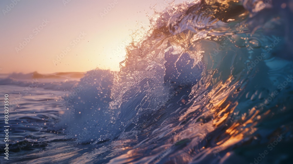 Surfer on Blue Ocean Wave Getting Barreled at Sunrise 
