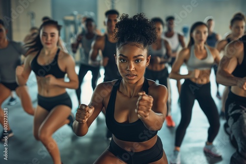 Focused woman in a cardio workout class photo