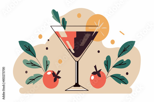 An artistic depiction of a cocktail with garnishes