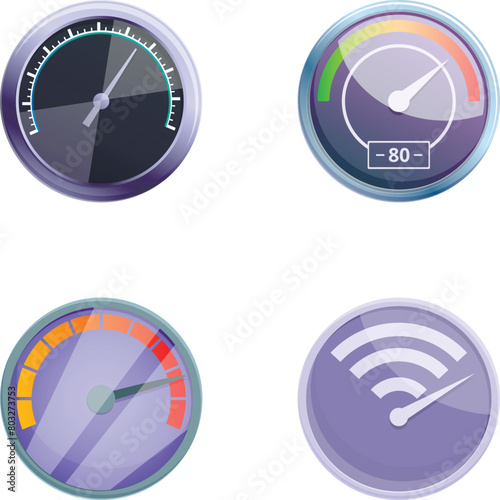 Modern speedometer icons set cartoon vector. Different type of speedometer. Speed dial indicator