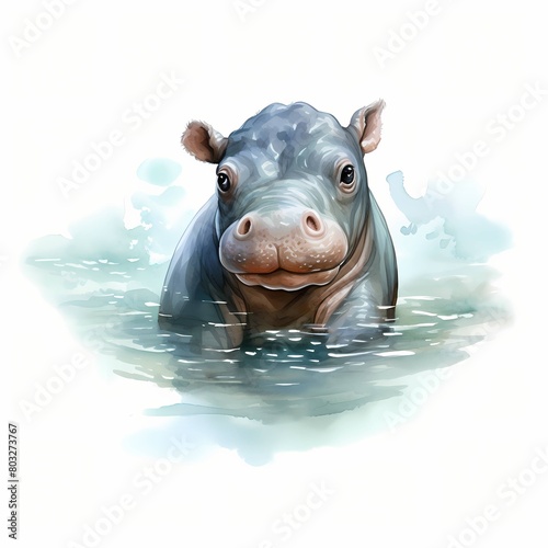 Baby hippo. Funny hippopotamus. Cute hippo clipart. Watercolor illustration. Generative AI. Detailed illustration. © Studicon