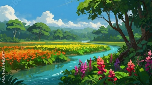 Idyllic land of exotic lakes and plants, realism art