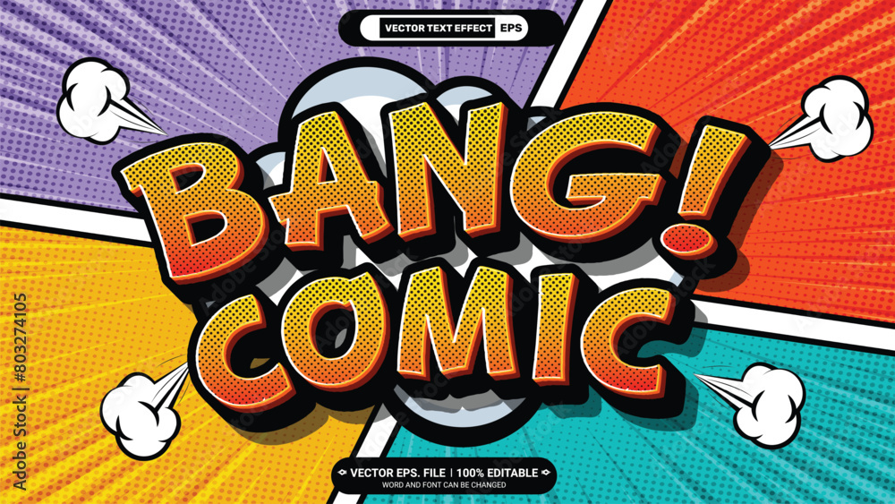 Fototapeta premium Bang comic pop art style comic vector text effect with comic book backdrop illustration