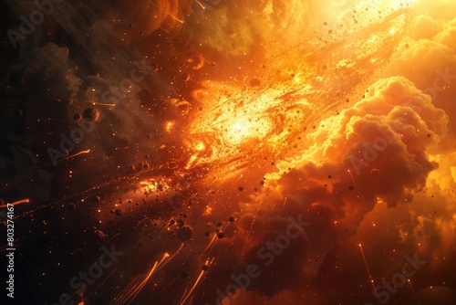 A dramatic explosion of fire and smoke in the sky. Ideal for backgrounds or special effects in design projects