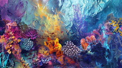 Vibrant and colorful abstract representation of a coral reef ecosystem photo