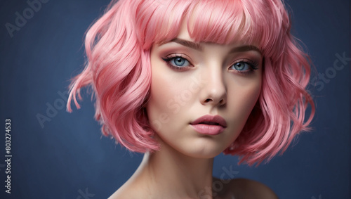 model with pink bob hair and grangia  with beautiful blue eyes in a realistic style