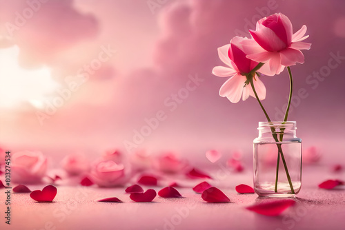 Dreamy pink cloudy background with sprinkle of rose flowers, with a jar fill with two flower stalks, good for cosmetic, perfume, spa, woman and girl product advertisement, design material.