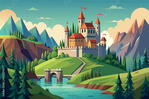 Majestic castle atop rolling hills surrounded by nature tranquility