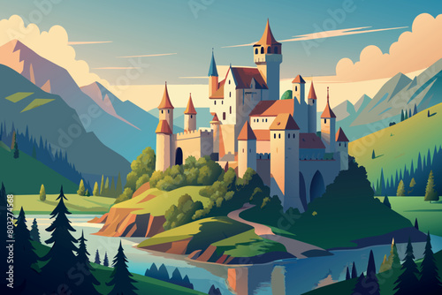 A grand castle set against rolling hills and a warm twilight sky