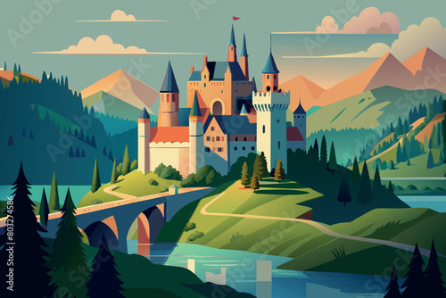Sunset view of a grand castle by a river amidst nature