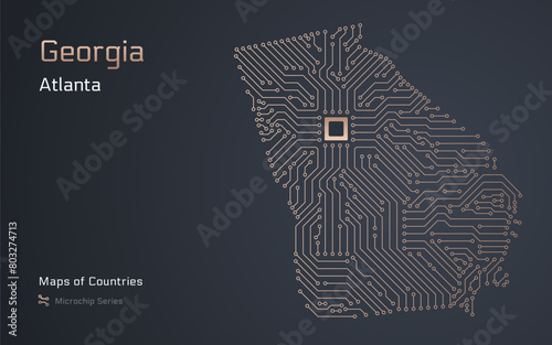 Georgia Map with a capital of Atlanta Shown in a Microchip Pattern. E-government. TSMC. American states vector maps. Microchip Series