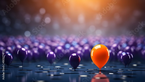 A 3D render of one orange balloon standing out from the crowd, surrounded by blue and purple balloons on a grey background. photo