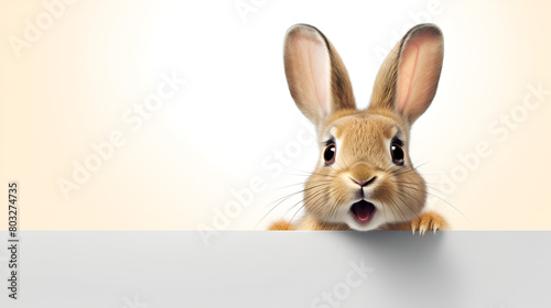 a brown rabbit peeping out from the wall cute and adorable on a white background photo