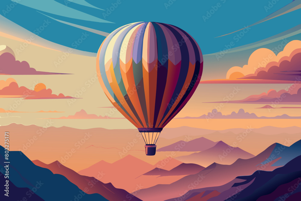 Fototapeta premium A vibrant hot air balloon floats over scenic mountains during twilight