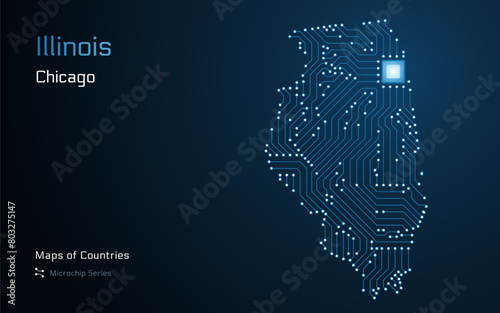 Illinois Map with a capital of Springfield Shown in a Microchip Pattern. E-government. TSMC. American states vector maps. Microchip Series
