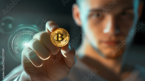 Cryptocurrency Investment Concept: Businessperson Holding Bitcoin with Digital Growth Chart