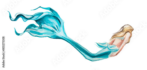 Mermaid illustration isolated on white. Watercolor fairytale concept painting.
