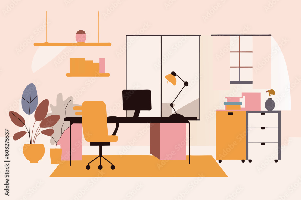 A neatly organized modern home office with a stylish desk A neatly organized modern home office with a stylish desk