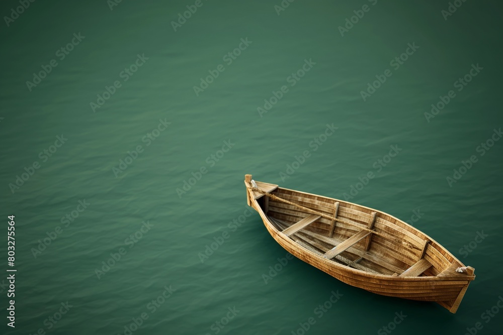 An intricately detailed, small wooden boat model, the craftsmanship visible in every aspect, placed against a deep sea green plain background.