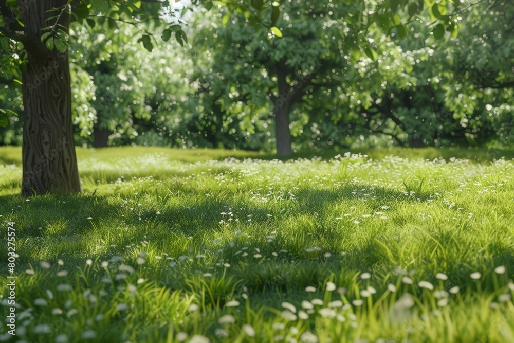 Fototapeta premium A grassy field with trees in the background, under a clear sky on a sunny day