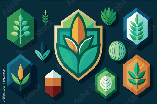 Various stylized plant emblems with bright hues and geometric shapes